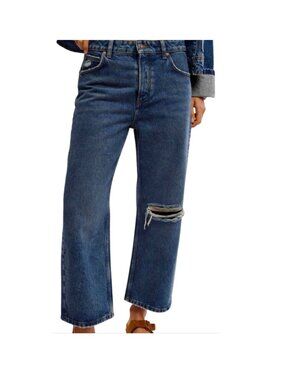 Free People Deep Trance Wide Leg Boyfriend Jeans Women 30 Blue Cotton Denim